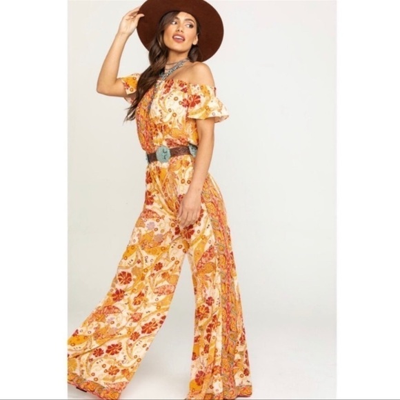 Free People Carmen Golden Gate Off the Shoulder Floral Jumpsuit Size Small Women